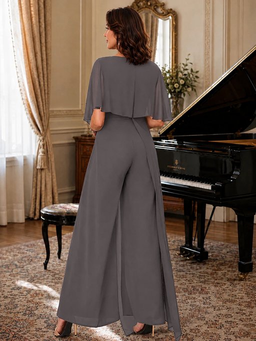 Chiffon Mother of the Bride Jumpsuit with Layered Cape Sleeves