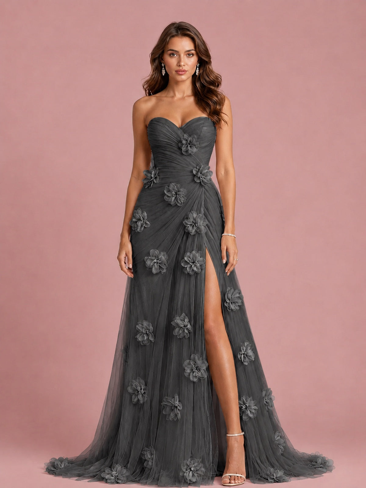 3D Floral Applique Strapless Tulle Prom Dress with High Slit