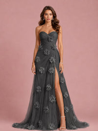 3D Floral Applique Strapless Tulle Prom Dress with High Slit