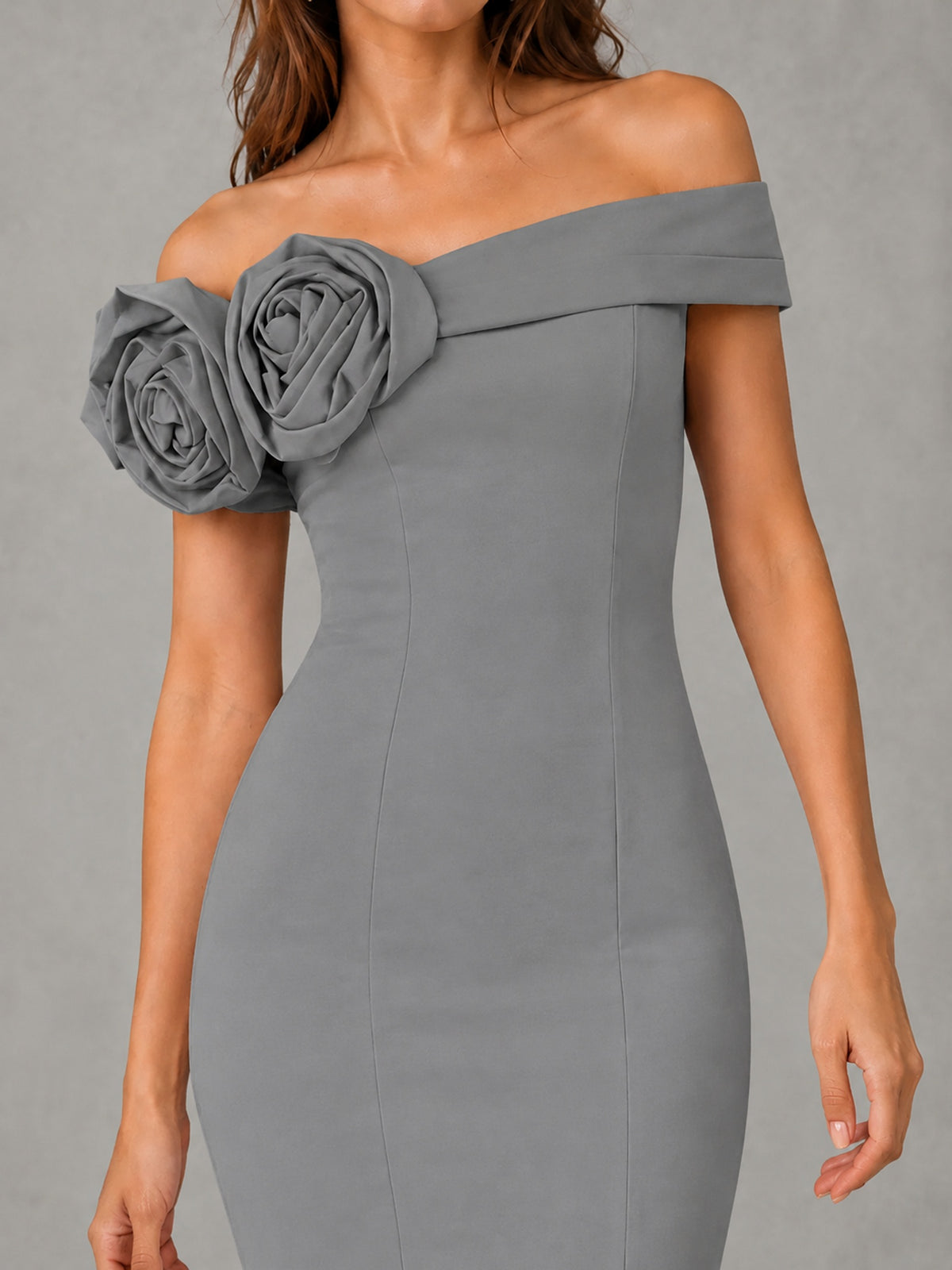 Blush Pink Off Shoulder Mermaid Bridesmaid Dress with Floral Rosette