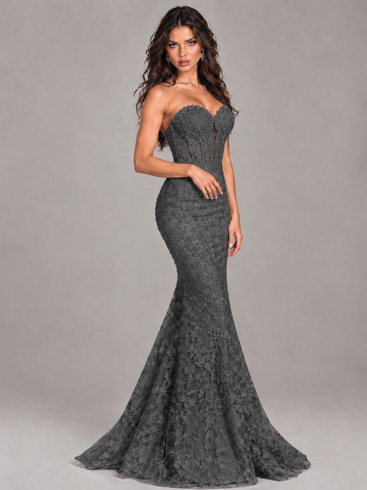 Strapless Corset Mermaid Prom Dress Lace Appliqué Formal Gown