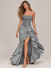 Strapless Lace Appliques Corset Satin Prom Dress Ruffle Slit Evening Gown