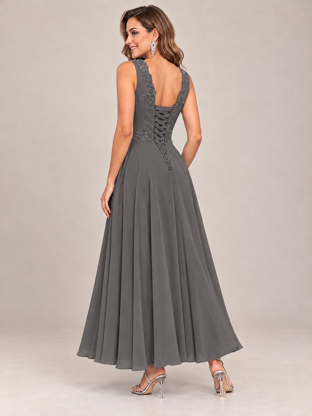 Dusty Blue Floral Lace Chiffon Mother of the Bride Dress with Jacket