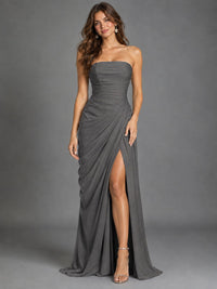 Strapless Bodycon Pleated Chiffon Formal Dress with Slit