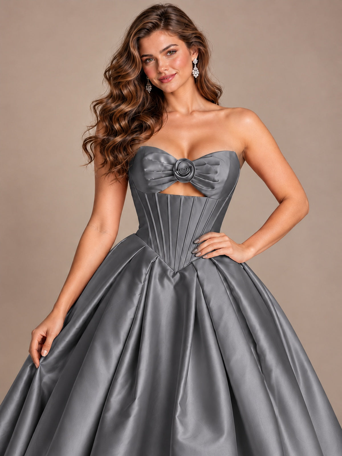 Pink Strapless Corset Satin Prom Derss & Ball Gown with 3D Floral