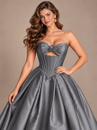 Pink Strapless Corset Satin Prom Derss & Ball Gown with 3D Floral
