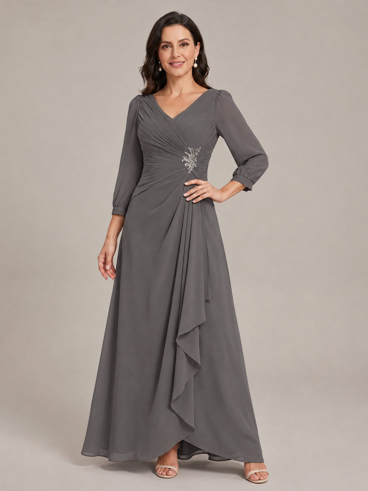 V-Neck Pleated Chiffon Mother of the Bride Dress with Flutter Sleeves