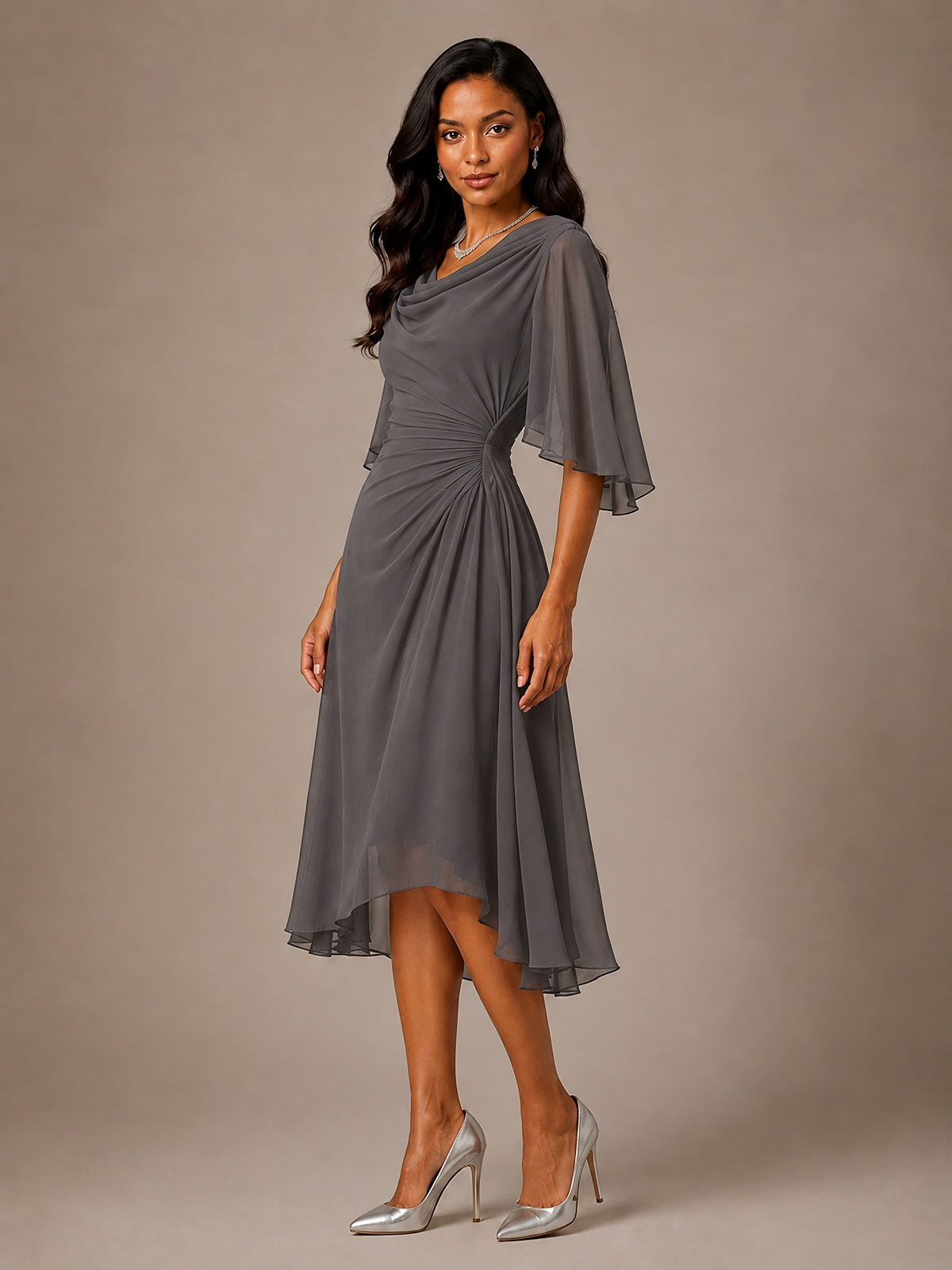 Cowl Neck Ruched Chiffon Mother of the Bride Dresses with Flutter Sleeves