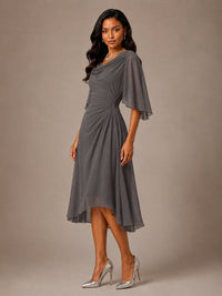 Cowl Neck Ruched Chiffon Mother of the Bride Dresses with Flutter Sleeves