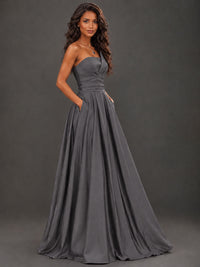 Draped Satin Prom Dress Strapless A-line Formal Dress Floor Length