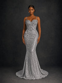 Sequin Mermaid Prom Dress with Floral Applique