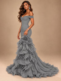 Dusty Blue Off-the-Shoulder Mermaid Prom Dress with 3D Rose & Ruffles