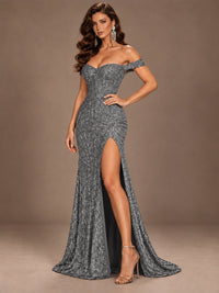 Off the Shoulder Corset Sequin Mermaid Prom Dress with Slit