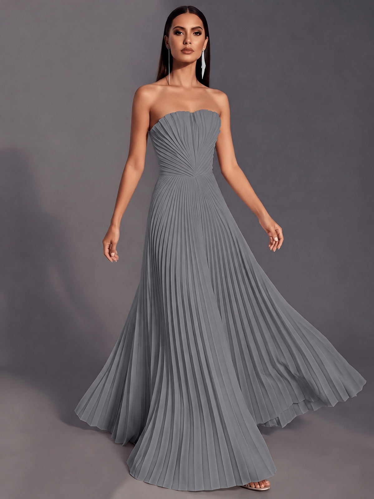 Strapless A-line Long Pleated Satin Prom Dress