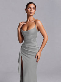 Square Neck Satin Long Prom Dress with Ruffles