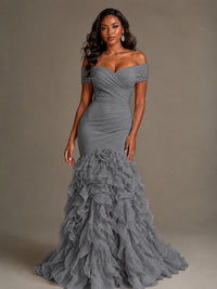 Pink Off-the-Shoulder Mermaid Prom Dress with Ruffles 3D Flowers