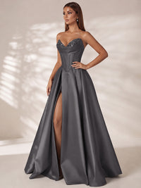 Strapless Corset Satin Prom Dress Long Evening Gown with High Slit