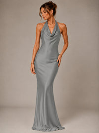 Olive Green Halter Satin Mermaid Maxi Dress