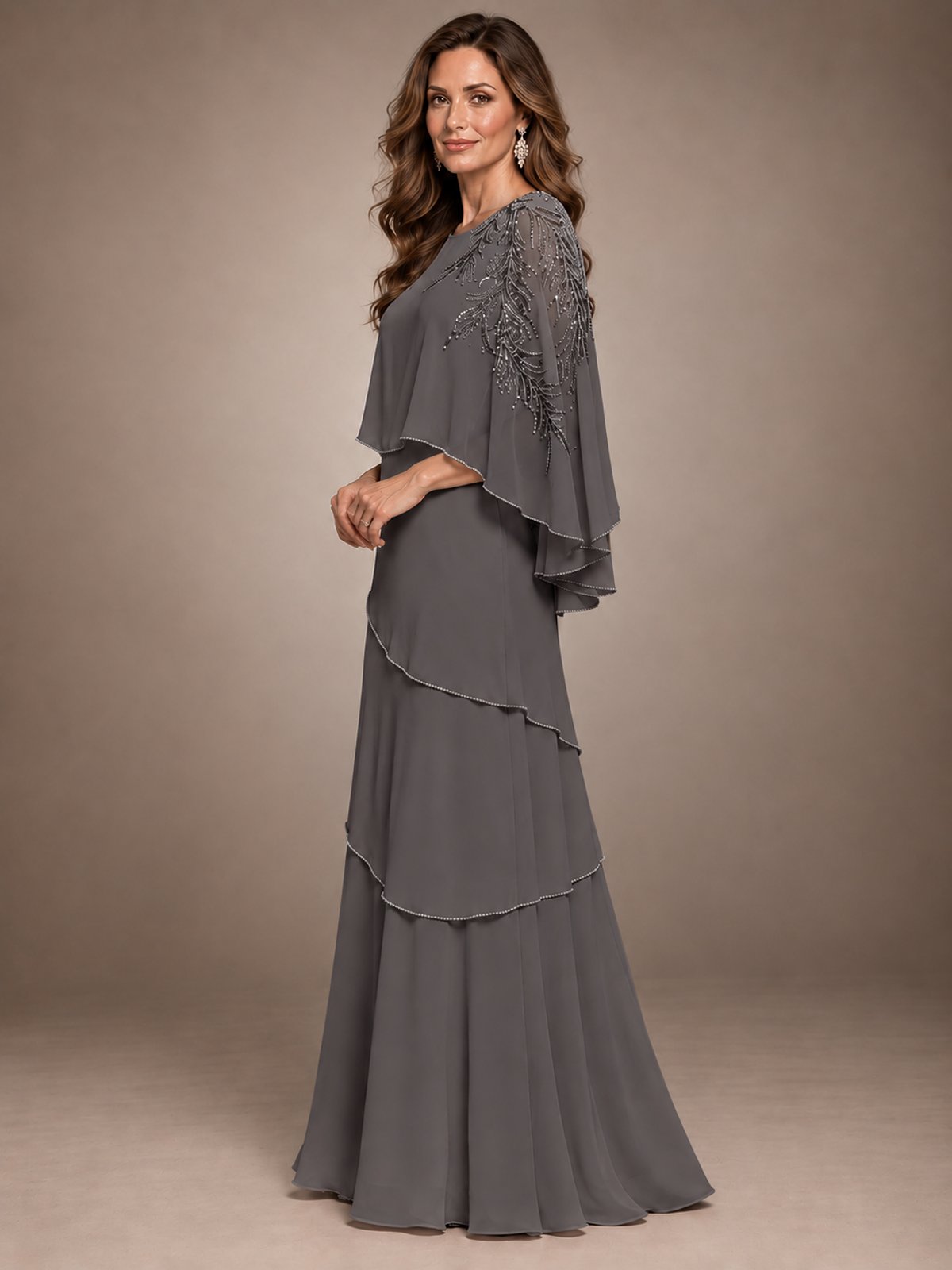 Elegant Chiffon Cape Sleeve Beaded Mother of the Bride Dress