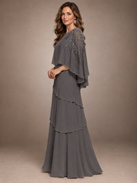 Elegant Chiffon Cape Sleeve Beaded Mother of the Bride Dress