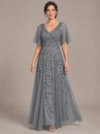 V-Neck Sequin Tulle Mother of the Bride Dress with Flutter Sleeve