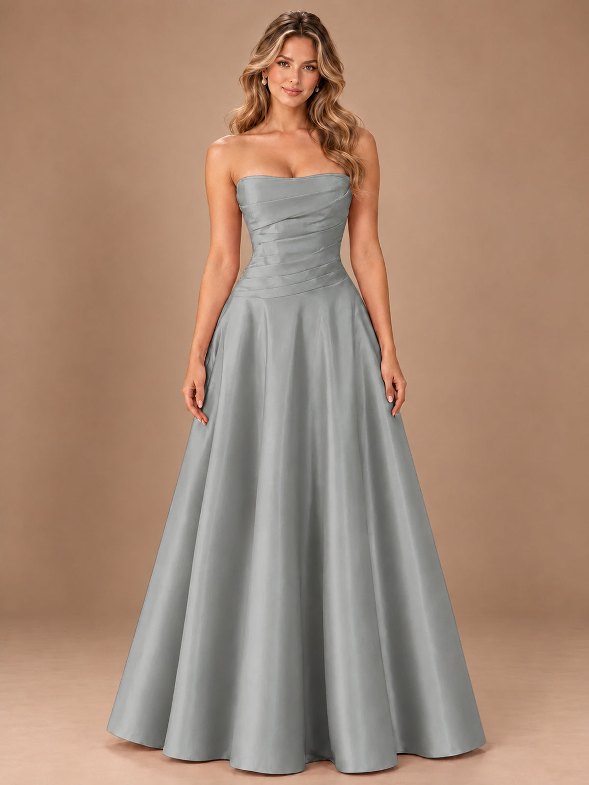 Blush Pink Strapless Satin A-Line Prom Dress with Ruched Bodice