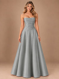 Blush Pink Strapless Satin A-Line Prom Dress with Ruched Bodice