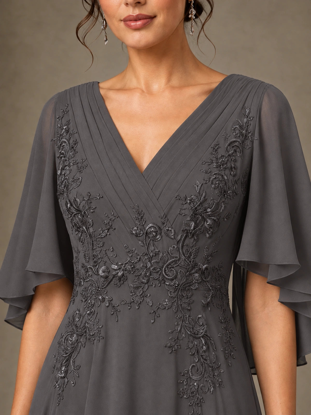 V-Neck Chiffon Lace Mother of the Bride Dress with Flutter Sleeves