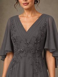 V-Neck Chiffon Lace Mother of the Bride Dress with Flutter Sleeves