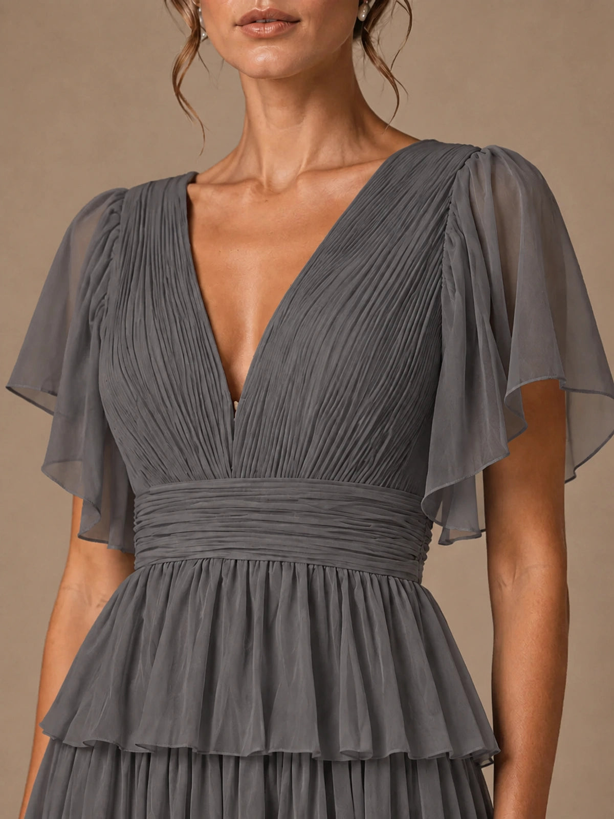 Chiffon V-Neck Tiered Ruffle Bridesmaid Dress with Slit