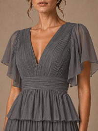 Chiffon V-Neck Tiered Ruffle Bridesmaid Dress with Slit