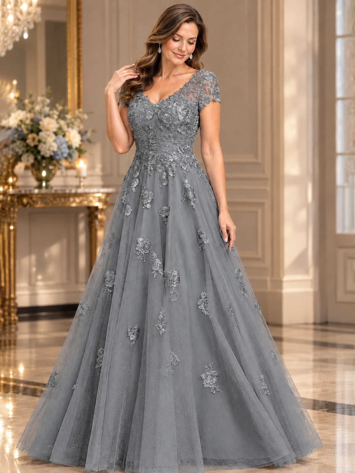 Lace Appliques A-line Mother of The Bride Dresses with Short Sleeves
