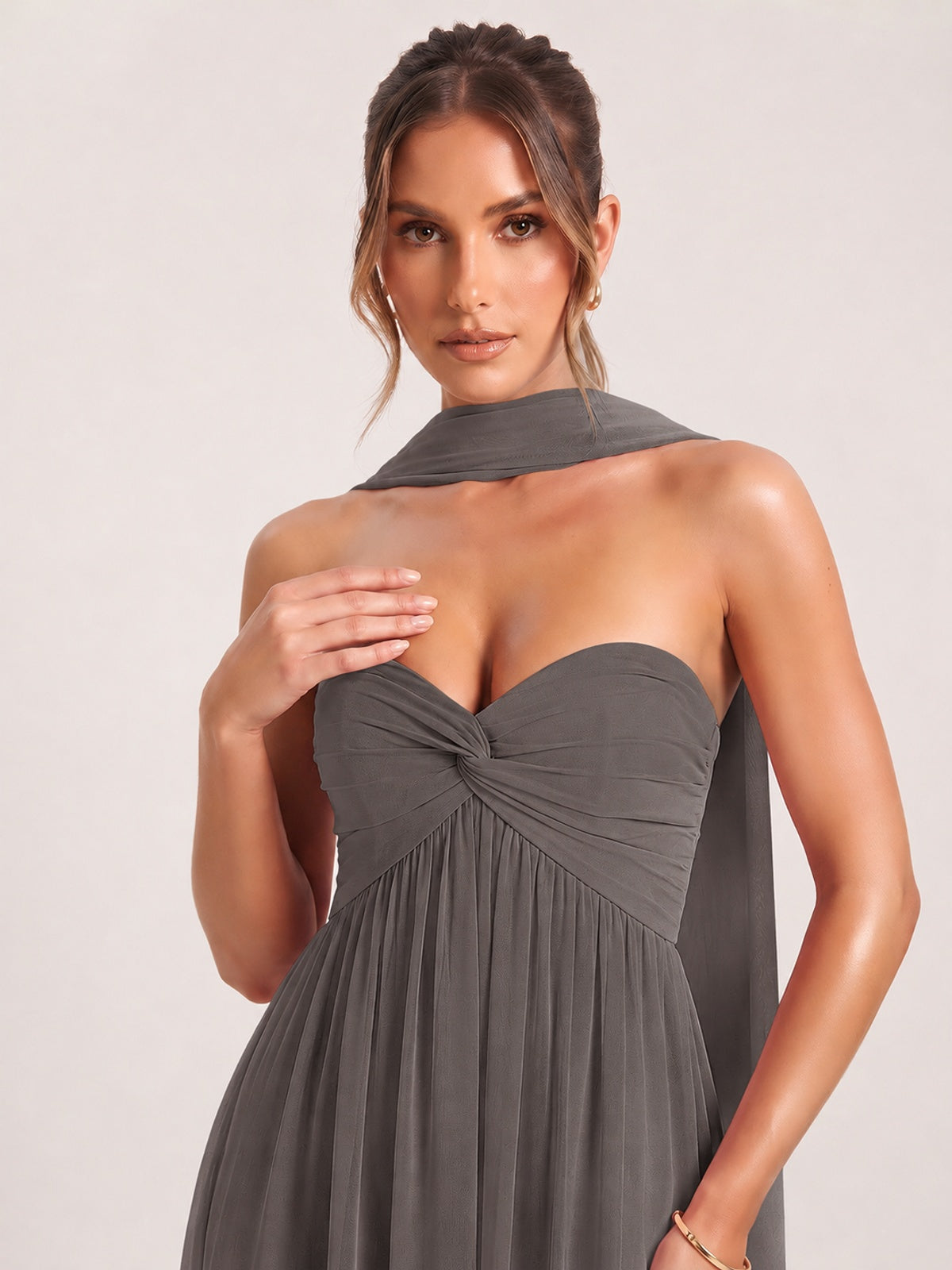 Strapless Ruched Chiffon Long Prom Dress with Scarf