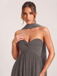 Strapless Ruched Chiffon Long Prom Dress with Scarf