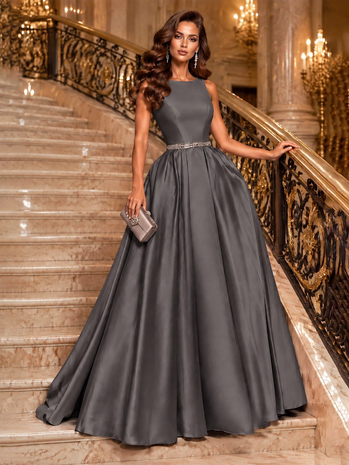 Satin A-Line Prom Dress Sleeveless Beaded Waist Formal Gown with Pockets