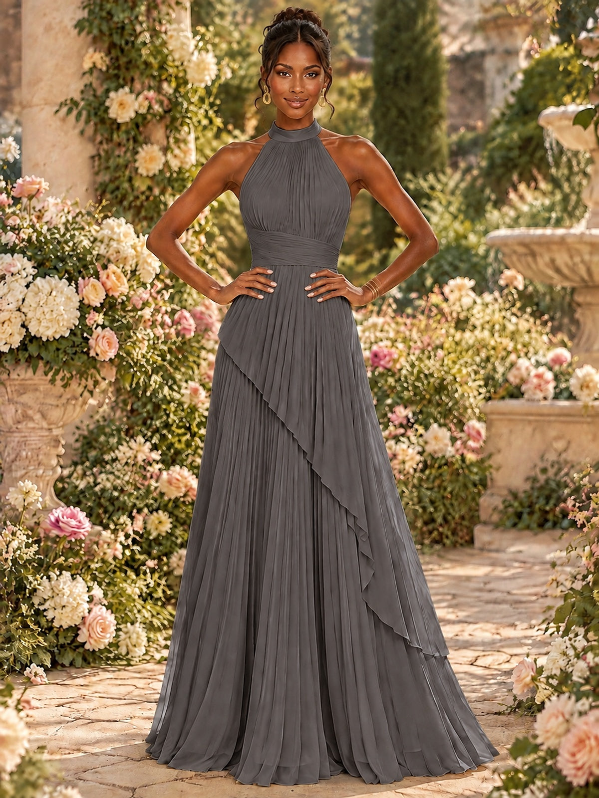 Wrap Pleated Prom Dress Halter A-line Chiffon Formal Wedding Dress
