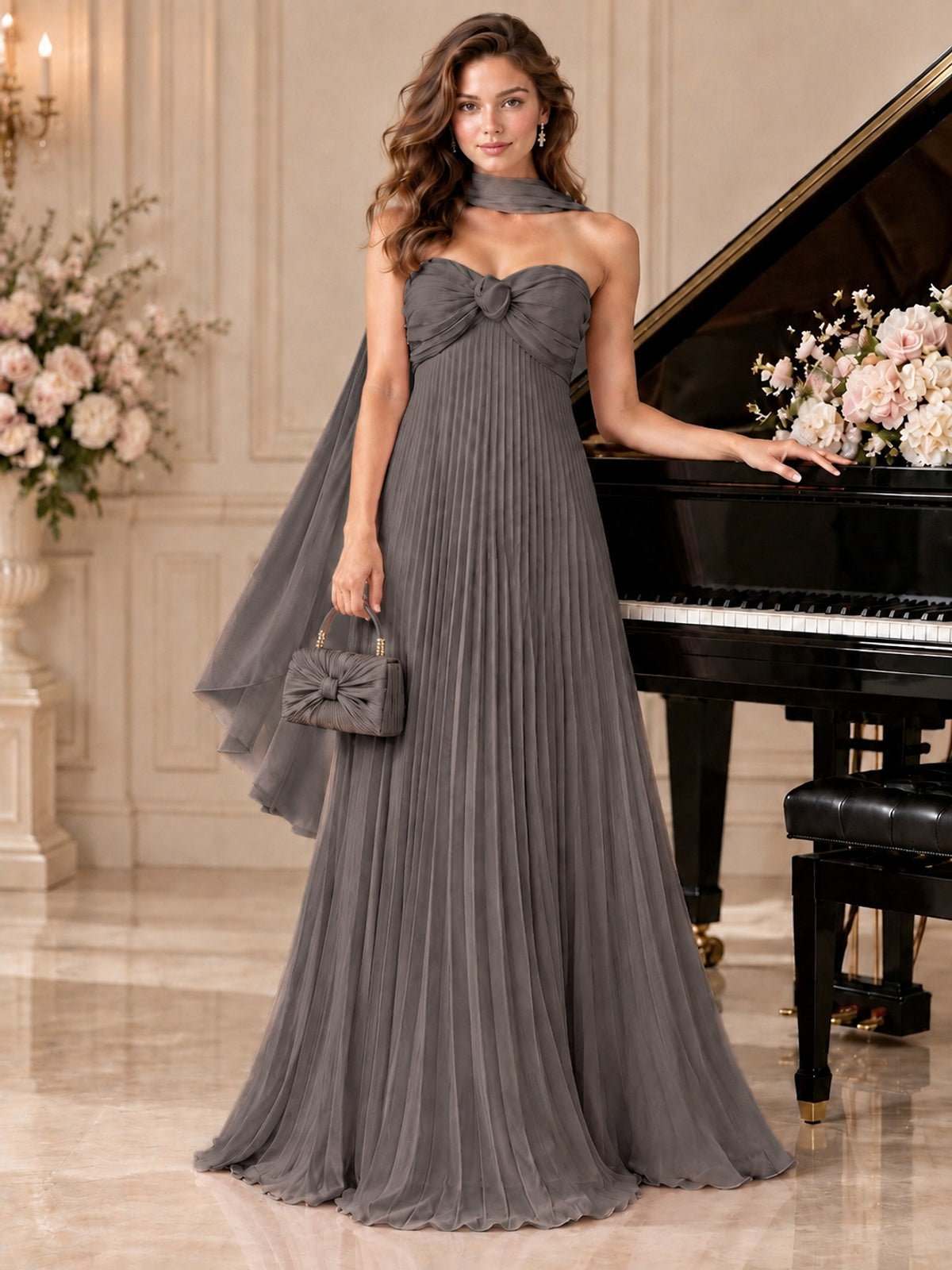 Sweetheart Neckline Pleated Prom Dress Strapless A-line Formal Dress with Flowy Scarf