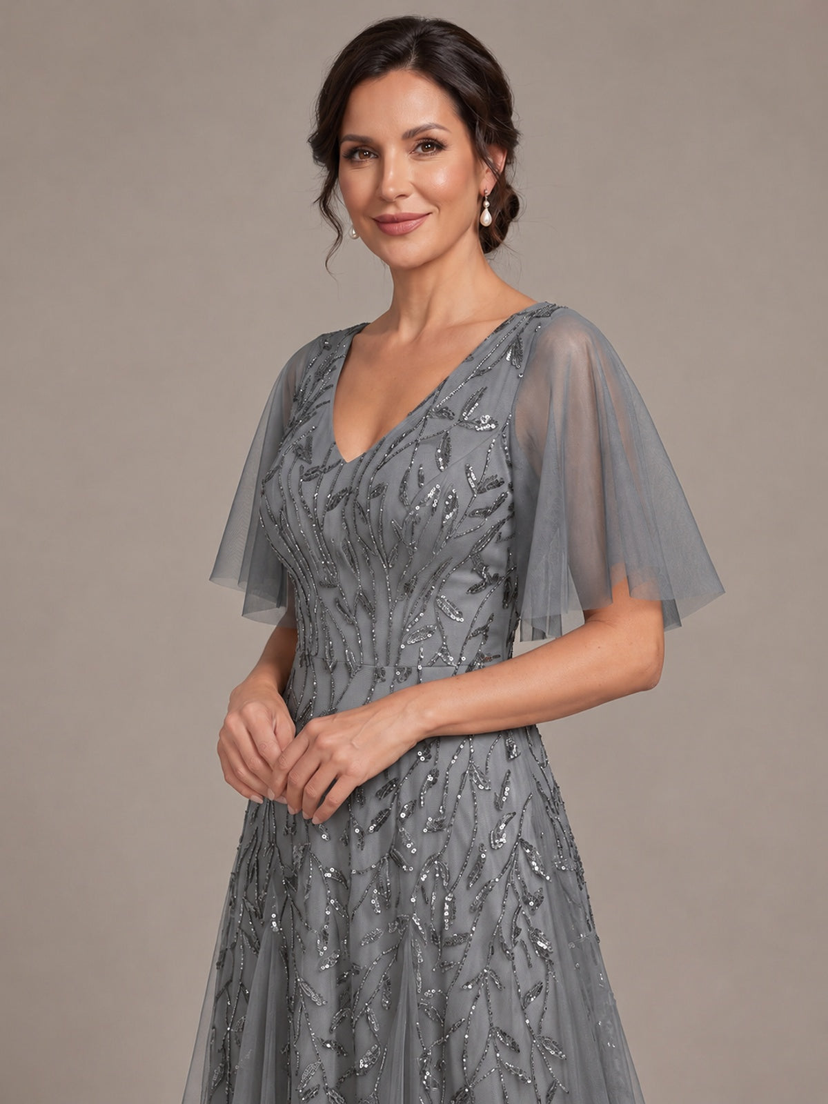 V-Neck Sequin Tulle Mother of the Bride Dress with Flutter Sleeve