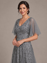 V-Neck Sequin Tulle Mother of the Bride Dress with Flutter Sleeve