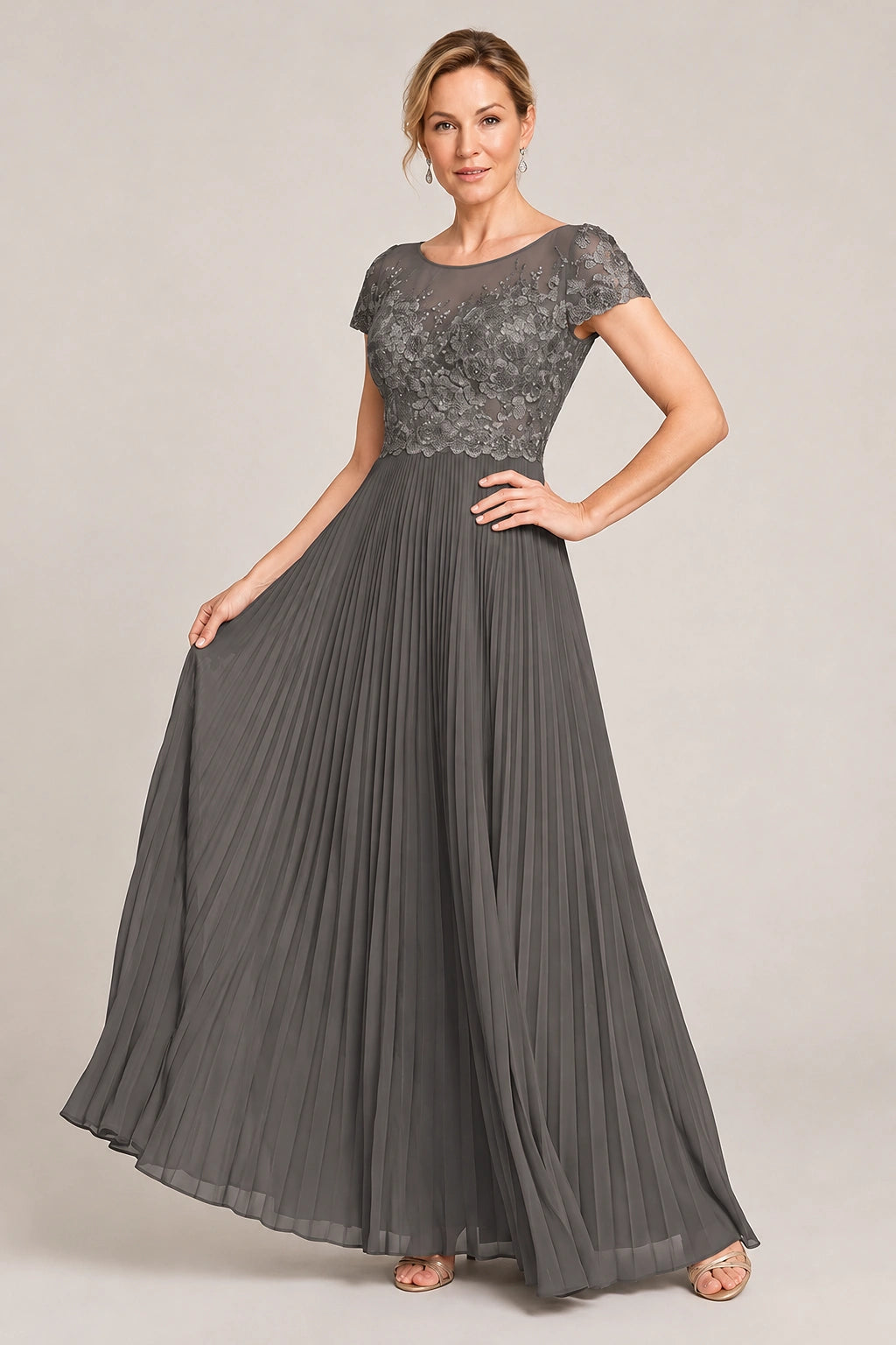 Embroidered Lace Pleated Mother of the Bride Dress