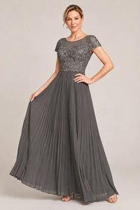 Embroidered Lace Pleated Mother of the Bride Dress