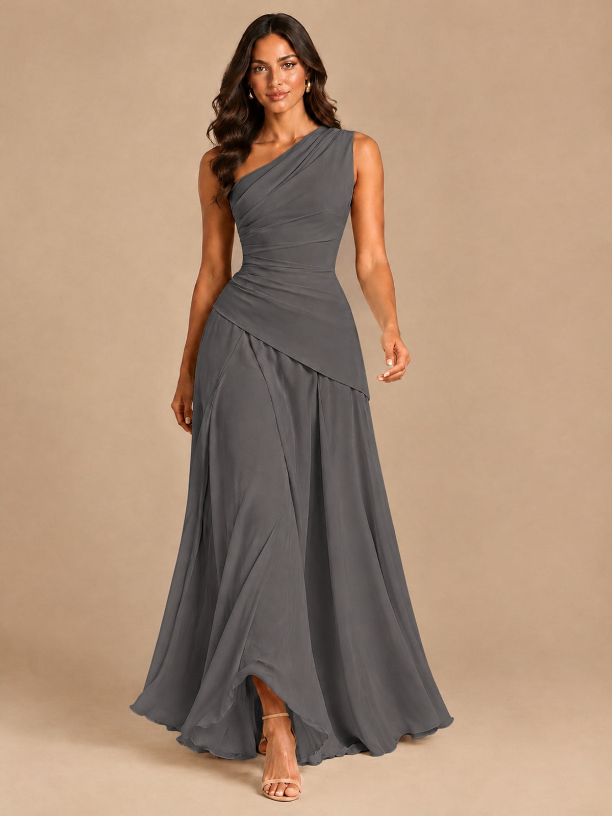 One Shoulder Prom Dress A-line Ruched Women Wedding Formal Gowns