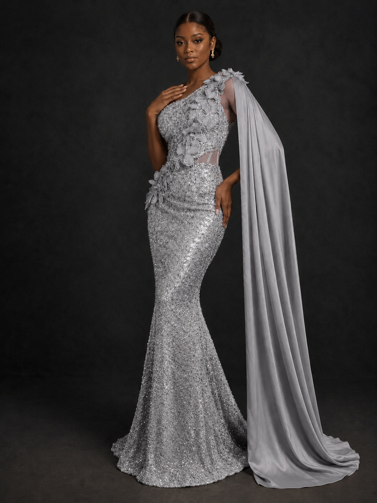 Gold Sequin One Shoulder Mermaid Prom Dress with Cape