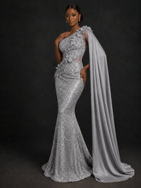 Gold Sequin One Shoulder Mermaid Prom Dress with Cape
