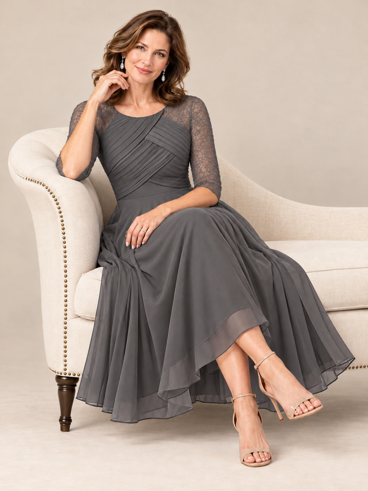 Tea-Length Mother of the Bride Dress with Lace 3/4 Sleeves