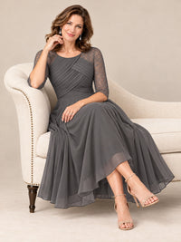 Tea-Length Mother of the Bride Dress with Lace 3/4 Sleeves