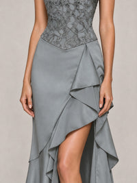 Strapless Lace Appliques Corset Satin Prom Dress Ruffle Slit Evening Gown
