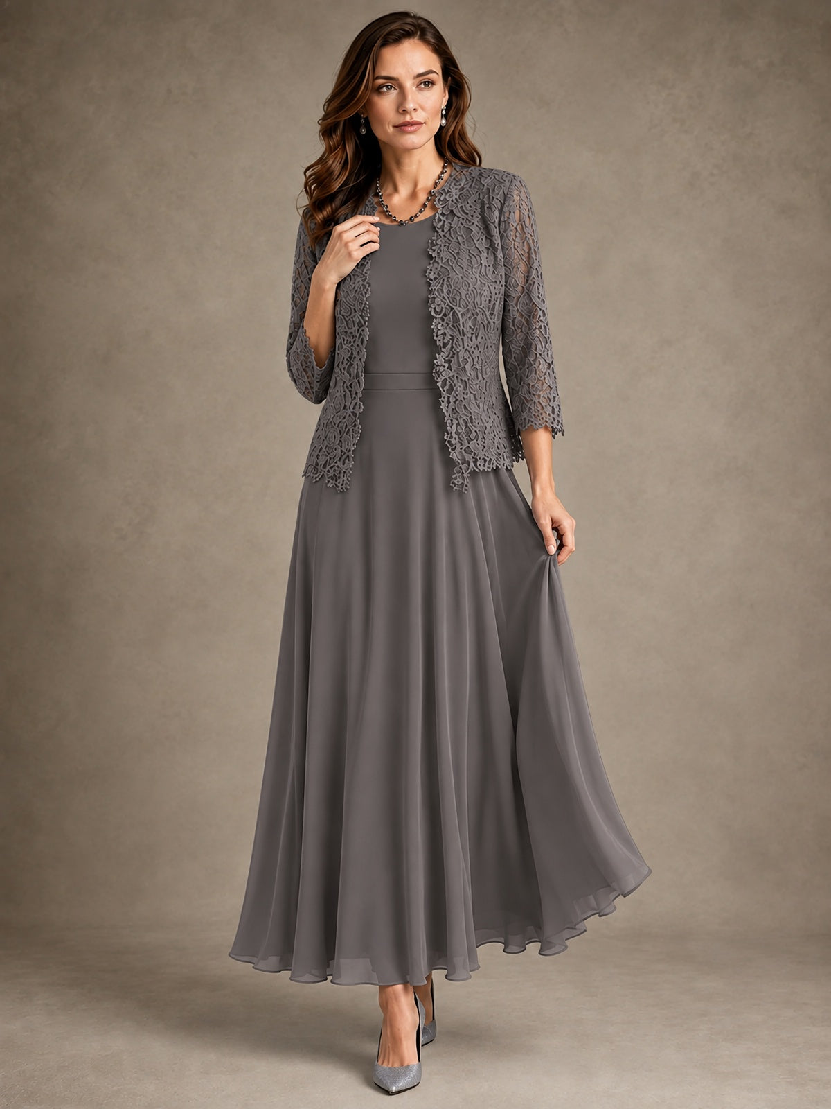 2-Piece Chiffon Mother of the Bride Dress with Lace Jacket