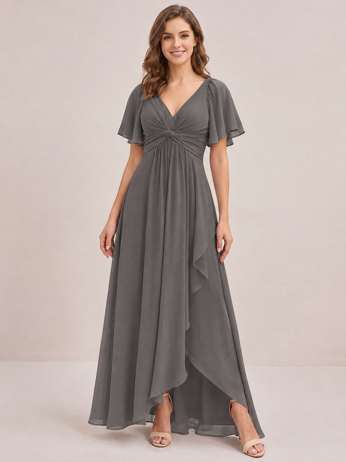 Dusty Blue Chiffon Bridesmaid Dress with Flutter Sleeves & High-Low Hem