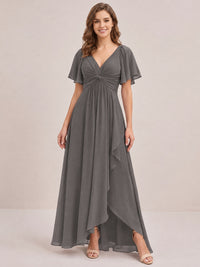 Dusty Blue Chiffon Bridesmaid Dress with Flutter Sleeves & High-Low Hem